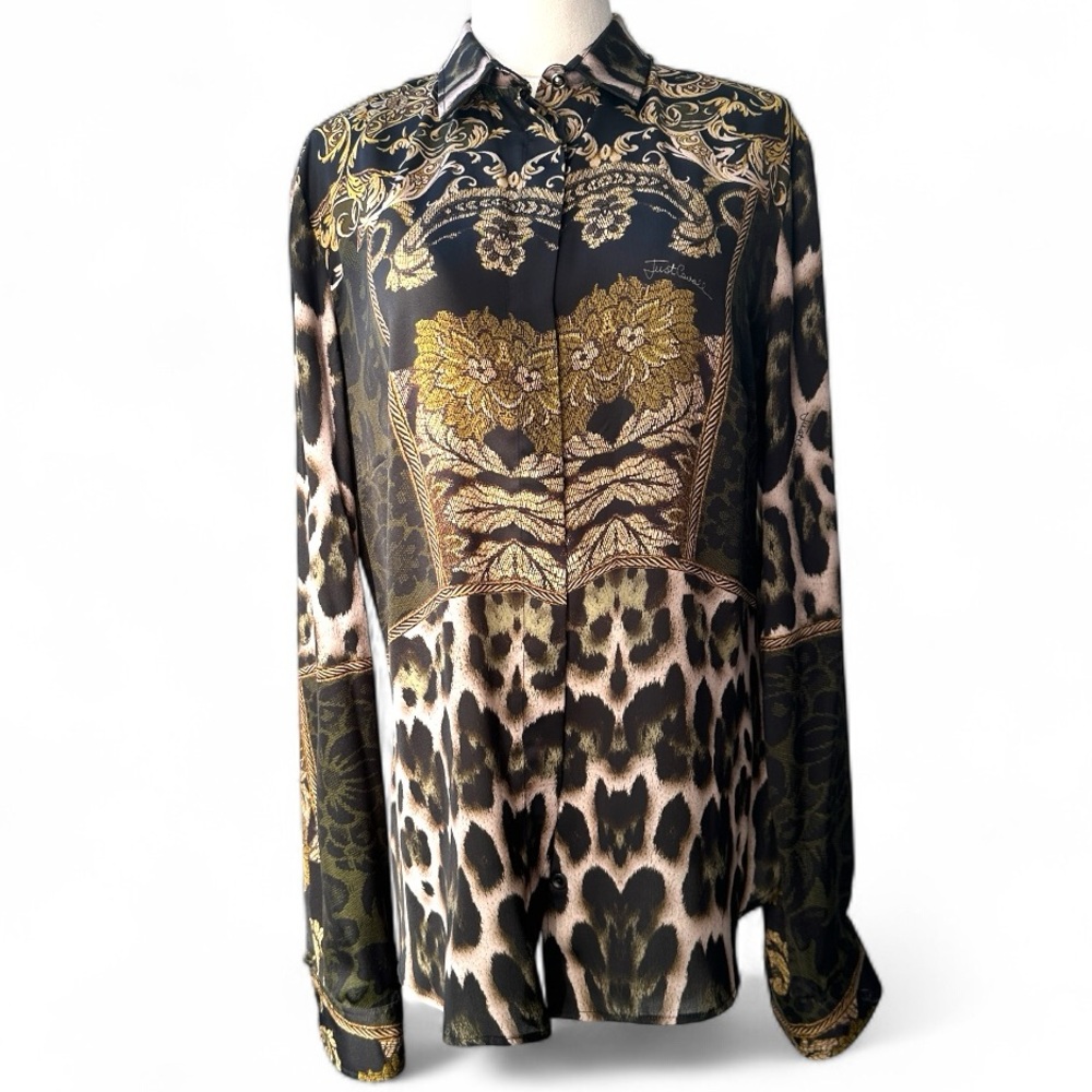 Just Cavalli Woman Black and Gold Silk Leopard Baroque Print Blouse. - Picture 4 of 13